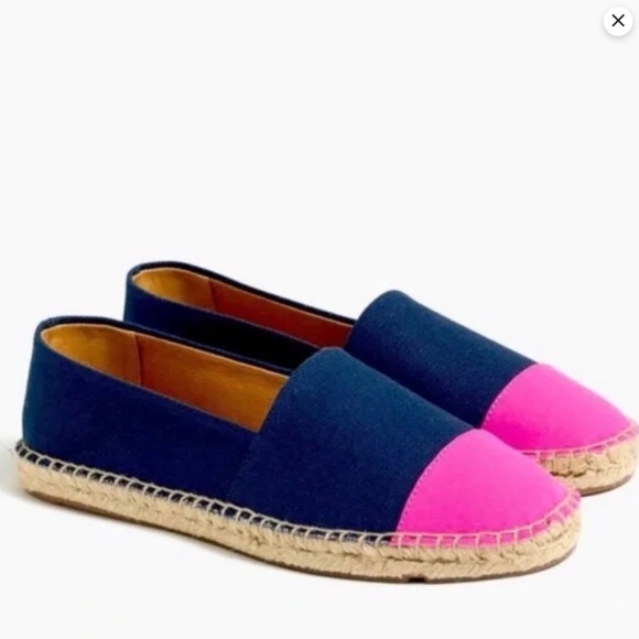 J.CREW Navy Neon Flamingo Canvas Cap Toe Colorblock Slip On Espadrilles Size 5.5 - Picture 1 of 6